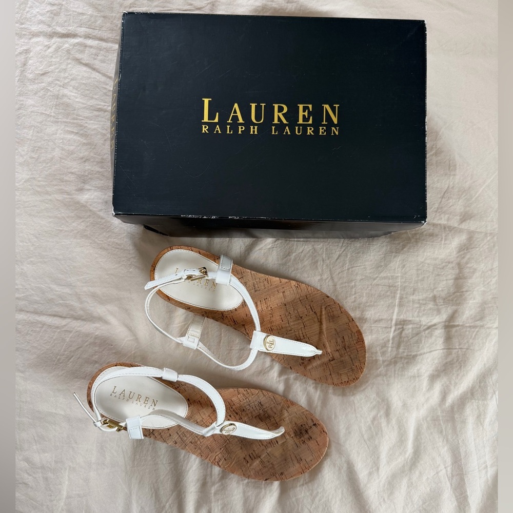 Vintage White Patent REETA Ralph Lauren Heeled Cork Sandal - Picture 2 of 8